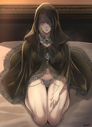Rule 34 | 1girl, artist name, bare legs, blonde hair, blue eyes, butcha-u, cloak, deathbed smalls, elden ring, fia the deathbed companion, highres, hood, hood over one eye, hood up, hooded cloak, looking at viewer, panties, robe, seiza, sitting, solo, thigh gap, thighs, underwear