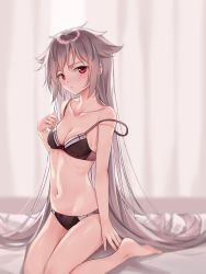 Rule 34 | 1girl, azur lane, bare arms, bare legs, bare shoulders, barefoot, black bra, black panties, blush, bow, bow bra, bow panties, bra, breasts, cleavage, closed mouth, collarbone, commentary request, curtains, grey hair, highres, indoors, long hair, looking at viewer, medium breasts, montpelier (azur lane), navel, on bed, panties, red eyes, shokuyou koori, sidelocks, sitting, solo, stomach, strap slip, underwear, very long hair, wariza