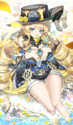 Rule 34 | 1girl, absurdres, bare shoulders, black gloves, black hat, blonde hair, blue eyes, blue gemstone, breasts, commentary request, covering own mouth, detached sleeves, dress, drill hair, flower, gem, genshin impact, gloves, hat, hat feather, hat flower, highres, holding, holding flower, jewelry, kiramarukou, large breasts, long hair, looking at viewer, melus (genshin impact), navia (genshin impact), rose, sidelocks, silver (genshin impact), soaking feet, solo, stuffed toy, thighs, very long hair, yellow flower, yellow rose