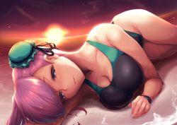 Rule 34 | 1girl, asymmetrical hair, bare shoulders, beach, black one-piece swimsuit, blush, breasts, bright pupils, bun cover, caustics, cleavage, closed mouth, collarbone, competition swimsuit, cowboy shot, fate/grand order, fate (series), fisheye, hair bun, half-closed eyes, large breasts, long hair, looking at viewer, lying, miyamoto musashi (fate), miyamoto musashi (swimsuit berserker) (first ascension) (fate), navel, ocean, on side, one-piece swimsuit, outdoors, parted lips, partially submerged, pink hair, purple eyes, saboten teishoku, single side bun, sky, solo, sun, sunlight, sunset, swept bangs, swimsuit, thigh strap, thighs, wristband