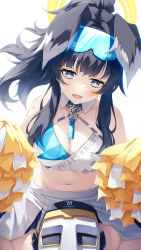 Rule 34 | 1girl, :d, absurdres, animal ears, bare shoulders, binaural microphone, black hair, blue archive, breasts, cheerleader, cleavage, crop top, dog ears, fang, floating hair, goggles, goggles on head, halo, hasumi (hasubatake39), hibiki (blue archive), hibiki (cheer squad) (blue archive), highres, large breasts, light blush, long hair, microphone, midriff, millennium cheerleader outfit (blue archive), navel, open mouth, pom pom (clothes), ponytail, sidelocks, simple background, skirt, smile, solo, star tattoo, tattoo, white background, white skirt