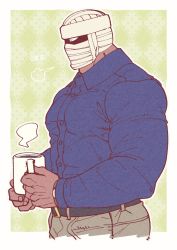 Rule 34 | 1boy, bandages, bandaid, bandaid on face, bara, belt, biceps, bida, cafe, collared shirt, covered face, cup, closed eyes, green background, highres, large pectorals, male focus, manly, mature male, mug, muscular, muscular male, original, pants, pectorals, shirt, sight, solo, steam, thick arms, tight clothes, upper body, watch