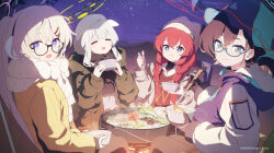 Rule 34 | + +, 4girls, blue archive, bowl, braid, cabbage, camping, carrot, chihiro (blue archive), chihiro (camp) (blue archive), chopsticks, closed eyes, cooking, cooking pot, fire, food, glasses, halo, hare (blue archive), hare (camp) (blue archive), hat, hennnachoco, highres, holding, holding bowl, holding chopsticks, holding ladle, hood, hooded sweater, kotama (blue archive), kotama (camp) (blue archive), ladle, looking at viewer, maki (blue archive), maki (camp) (blue archive), multiple girls, mushroom, night, night sky, official alternate costume, official art, semi-rimless eyewear, short ponytail, sky, smile, star (sky), stew, sweater, sweet potato, twin braids, veritas (blue archive)