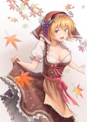 Rule 34 | 1girl, aki minoriko, alternate costume, apron, arm up, autumn leaves, belt, blouse, blush, bow, branch, breasts, brown apron, brown dress, brown eyes, brown flower, brown headwear, brown rose, brown scarf, collarbone, commentary request, dress, eyes visible through hair, floral print, flower, food, frills, fruit, gradient background, grapes, green bow, grey background, grey shirt, hair between eyes, hands up, head scarf, highres, large breasts, leaf, leaf print, looking at viewer, open mouth, orange hair, pants, pink belt, pink bow, pink flower, polka dot, puffy short sleeves, puffy sleeves, rose, rose print, scarf, shiratsuki shiori, shirt, short hair, short sleeves, smile, solo, standing, striped apron, striped clothes, touhou