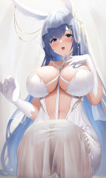 Rule 34 | 1girl, absurdres, animal ears, azur lane, between breasts, blue hair, blush, breasts, bridal veil, choker, dress, earrings, elbow gloves, fake animal ears, futon fly away, gloves, hair ornament, highres, jewelry, large breasts, navel, new jersey (azur lane), new jersey (snow-white ceremony) (azur lane), official alternate costume, open mouth, panties, pantyshot, rabbit ears, raised eyebrows, revealing clothes, see-through, sidelocks, smile, solo, squatting, star (symbol), star hair ornament, underwear, veil, wedding dress, white choker, white dress, white gloves, white headdress, white panties