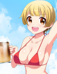Rule 34 | 10s, 1girl, alcohol, arm up, armpits, beer, bikini, blonde hair, blush, breasts, brown eyes, cleavage, fukuda noriko, gradient background, idolmaster, idolmaster million live!, looking at viewer, open mouth, short hair, smile, solo, swimsuit, totokichi, upper body