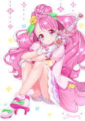 Rule 34 | 1girl, back bow, bare legs, bloomers, bow, character name, choker, closed mouth, cure grace, dress, earrings, flower, footwear bow, full body, gloves, green bow, hair bun, hair flower, hair ornament, hanadera nodoka, healin&#039; good precure, heart, heart hair ornament, high heels, highres, holding, holding wand, jewelry, long hair, looking at viewer, magical girl, momoanne32, pink bow, pink eyes, pink hair, pink neckwear, precure, shoes, simple background, single hair bun, sitting, smile, solo, underwear, wand, white background, white footwear, white gloves