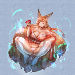 Rule 34 | 1girl, animal ears, bow (bhp), braid, breasts, brown hair, choker, cleavage, cup, female focus, fox ears, fox tail, fundoshi, gradient background, highres, japanese clothes, jewelry, kimono, kitsune, large breasts, long hair, multiple tails, original, pendant, red eyes, sakazuki, smile, solo, spread legs, tail, thighhighs, twin braids, white thighhighs