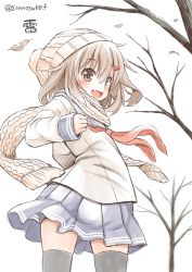 Rule 34 | 10s, 1girl, bare tree, blush, brown eyes, brown hair, character name, commentary request, fang, fujishima shinnosuke, hair ornament, hairclip, highres, ikazuchi (kancolle), kantai collection, leaf, looking at viewer, neckerchief, open mouth, scarf, school uniform, serafuku, short hair, skirt, smile, solo, thighhighs, beanie, tree, twitter username