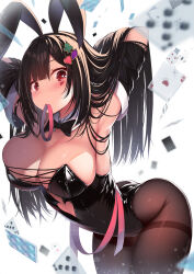 Rule 34 | 1girl, animal ears, arm strap, armpits, arms behind head, ass, bent over, black hair, blunt bangs, blush, bow, bowtie, breasts, card, cleavage, fake animal ears, hair ornament, hair pins, heart, heart-shaped hole, heart-shaped pupils, highres, holding, holding own hair, large breasts, latex, long hair, looking to the side, migumigu, playing card, rabbit ears, solo, strapless, symbol-shaped pupils, thighs, unworn hair ornament, watermark, white background