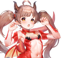Rule 34 | 1girl, ahoge, armpits, blush, breasts, brown hair, chinese zodiac, dragon girl, groping motion, highres, horns, long hair, nails, navel, open mouth, orange eyes, qianlou (qianlou12374), scales, small breasts, twintails, white background, wings
