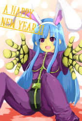 Rule 34 | 1girl, animal ears, bad id, bad pixiv id, blue hair, rabbit ears, chaps, cropped jacket, fake animal ears, gloves, happy new year, kula diamond, long hair, luxima, new year, outstretched arms, purple eyes, sitting, smile, solo, the king of fighters, zipper