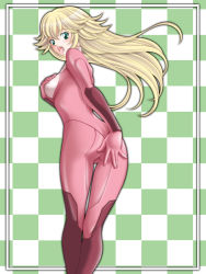 Rule 34 | 1girl, alternate color, ass, blonde hair, bodysuit, covering privates, embarrassed, green eyes, highres, long hair, mario (series), mario kart, metroid, nintendo, open mouth, pink theme, princess peach, solo, tamamon, zero suit