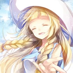 Rule 34 | 1girl, :d, blonde hair, blue sailor collar, braid, closed eyes, creatures (company), day, facing viewer, floating hair, game freak, hat, highres, lillie (pokemon), long hair, nintendo, open mouth, outdoors, pokemon, pokemon sm, reaching, reaching towards viewer, sailor collar, sleeveless, smile, solo, twin braids, upper body, very long hair, white hat, yomogi (black-elf)