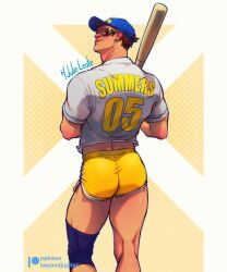 Rule 34 | 1boy, artist name, ass, back, bara, baseball bat, baseball cap, brown hair, closed mouth, cyclops (x-men), hat, holding, holding baseball bat, julio leote, male focus, marvel, muscular, muscular male, patreon username, shirt, short hair, shorts, smile, solo, white shirt, x-men, yellow shorts