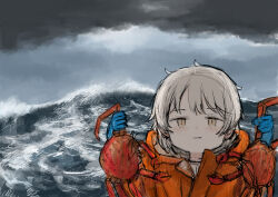 Rule 34 | 1girl, alternate costume, animal, asasow, blue gloves, coat, commentary request, crab, deadliest catch, expressionless, gloves, grey hair, hands up, hatoba tsugu, holding, holding animal, hood, hood down, hooded coat, long sleeves, looking at viewer, ocean, orange coat, outdoors, overcast, parka, parted lips, short hair, sky, solo, tsugu (vtuber), upper body, virtual youtuber, waves, yellow eyes