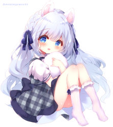 Rule 34 | 1girl, :d, animal ears, ass, blue eyes, blue hair, blue ribbon, blush, braid, collared shirt, commentary request, dress, frilled socks, frills, full body, grey dress, hair between eyes, hair ribbon, haru ichigo, highres, knees together feet apart, knees up, long hair, looking at viewer, no shoes, open mouth, original, plaid, plaid dress, puffy short sleeves, puffy sleeves, ribbon, shirt, short sleeves, simple background, sleeveless, sleeveless dress, smile, socks, solo, very long hair, white background, white shirt, white socks