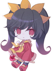 Rule 34 | 1girl, ashley (warioware), black hair, black pantyhose, chibi, closed mouth, d omm, dress, hair between eyes, holding, holding staff, long hair, looking at viewer, neckerchief, nintendo, orb, pantyhose, red dress, red eyes, red footwear, shoe soles, shoes, simple background, skull, solo, staff, twintails, very long hair, warioware, white background, yellow neckerchief