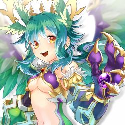 Rule 34 | 1girl, :d, aqua hair, bare shoulders, blurry, breasts, claw (weapon), depth of field, fang, feathered wings, fur trim, gauntlets, gem, gen (gen m gen), hair between eyes, hair intakes, halo, hand up, head wings, long hair, long image, looking at viewer, medium breasts, navel, open mouth, orange eyes, purple gemstone, puzzle &amp; dragons, red gemstone, ruel (p&amp;d), shadow, shiny clothes, smile, solo, stomach, tall image, underboob, upper body, weapon, wings