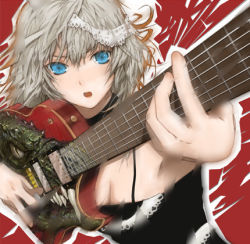 Rule 34 | 1girl, blue eyes, fuyuno haruaki, guitar, instrument, izayoi sakuya, lowres, short hair, silver hair, solo, touhou