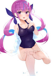 Rule 34 | 1girl, ahoge, arm support, bare shoulders, barefoot, blue hair, blue one-piece swimsuit, breasts, cleavage, collarbone, colored inner hair, competition swimsuit, covered navel, foreshortening, hololive, in water, long hair, looking at viewer, medium breasts, minato aqua, multicolored hair, off shoulder, one-piece swimsuit, open mouth, outstretched leg, purple eyes, purple hair, ribbon, school swimsuit, simple background, sitting, soles, solo, swimsuit, twintails, two-tone hair, virtual youtuber, water drop, wet, wet clothes, white background, zhiyou ruozhe