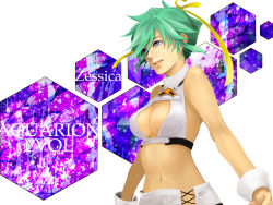 Rule 34 | 10s, 1girl, aquarion (series), aquarion evol, areno, bad id, bad pixiv id, bare shoulders, blue eyes, breasts, cleavage, cleavage cutout, clothing cutout, green hair, hair ribbon, large breasts, midriff, navel, ribbon, short hair, short shorts, shorts, smile, solo, wrist cuffs, zessica wong