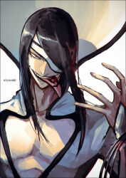 Rule 34 | 1boy, artist name, black hair, bleach, cleavage cutout, clothing cutout, commentary request, crazy smile, eyepatch, hand up, k-suwabe, long hair, looking at viewer, nnoitra gilga, nose, shirt, sidelighting, sidelocks, simple background, smile, solo, spread fingers, straight hair, teeth, tongue, tongue out, tongue tattoo, upper body, white background, white shirt