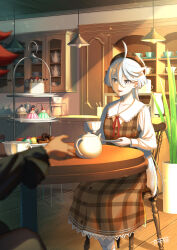 Rule 34 | 2girls, absurdres, ahoge, buttons, cabinet, cake, chair, checkered clothes, checkered dress, cup, dress, food, frilled dress, frills, grey eyes, grey hair, gundam, gundam suisei no majo, highres, holding, holding cup, holding plate, kettle, kitchen, light, long hair, long sleeves, miorine rembran, multiple girls, on chair, open mouth, out of frame, plant, plate, potted plant, raito (latek), red hair, red ribbon, ribbon, sitting, suletta mercury, table