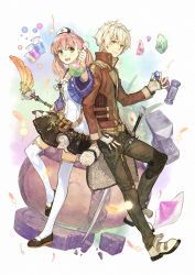 Rule 34 | 10s, 1boy, 1girl, :d, absurdres, anvil, atelier (series), atelier escha &amp; logy, back-to-back, bangle, belt, blush, bottle, bracelet, cauldron, crystal, escha malier, feathers, fingerless gloves, flask, full body, gem, gloves, green eyes, grey hair, hammer, hidari (left side), highres, holding, holding staff, jacket, jewelry, logix ficsario, official art, open mouth, pants, pink hair, powder, round-bottom flask, shoes, short hair, skirt, smile, staff, sword, tail, thighhighs, twintails, weapon, white background, white gloves, white thighhighs, yellow eyes