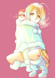 Rule 34 | 1girl, ahoge, blonde hair, blue footwear, blue mittens, boots, breath, capelet, christmas, closed mouth, commentary, frown, fur-trimmed boots, fur-trimmed capelet, fur-trimmed mittens, fur trim, hamster, harryham harry, hat, hood, hood down, hooded capelet, hugtto! precure, jj (ssspulse), kagayaki homare, looking at viewer, miniskirt, mittens, pleated skirt, precure, red background, santa hat, short hair, simple background, skirt, solo, squatting, swept bangs, yellow eyes, yellow skirt