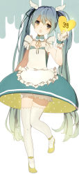 Rule 34 | 1girl, 39, aqua hair, bloomers, detached collar, dress, frills, gijxgij, hatsune miku, highres, long hair, maid, open mouth, ribbon, solo, standing, standing on one leg, thighhighs, twintails, underwear, very long hair, vocaloid, white thighhighs