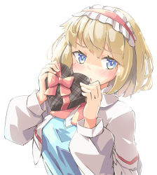 Rule 34 | 1girl, alice margatroid, arnest, blonde hair, blue dress, blue eyes, blush, box, breasts, bright pupils, capelet, commentary request, dress, frilled hairband, frills, hairband, hands up, heart-shaped box, holding, long sleeves, looking at viewer, open mouth, puffy sleeves, red hairband, red neckwear, shirt, short hair, solo, touhou, upper body, valentine, white background, white capelet, white shirt