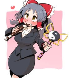 Rule 34 | 1girl, black hair, black jacket, black skirt, blazer, blush, bow, breasts, commentary request, cookie (touhou), cowboy shot, flute, frilled bow, frilled hair tubes, frills, gram 9, hair bow, hair tubes, hakurei reimu, heart, holding, holding wand, instrument, jacket, long hair, medium breasts, office lady, red bow, sananana (cookie), skirt, solo, touhou, wand, yellow eyes, yin yang