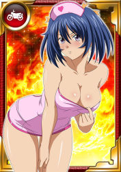 Rule 34 | 00s, 1girl, bare shoulders, bashoku youjou, blue hair, blush, breasts, card (medium), cleavage, female focus, hair ornament, hat, ikkitousen, large breasts, leaning forward, looking at viewer, nurse, pout, purple eyes, short twintails, solo, tears, twintails