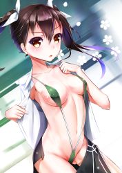 Rule 34 | 10s, 1girl, :o, bad id, bad pixiv id, blush, breasts, brown hair, covered erect nipples, hair ribbon, henet hene, kantai collection, long hair, looking at viewer, navel, personification, ribbon, slingshot swimsuit, solo, swimsuit, tone (kancolle), twintails, yellow eyes