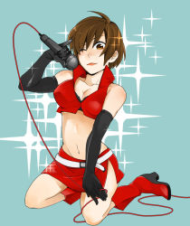 Rule 34 | 1girl, azsio, belt, boots, breasts, brown eyes, brown hair, cleavage, elbow gloves, gloves, high heels, lipstick, makeup, meiko (vocaloid), microphone, midriff, nn nn, one eye closed, pencil skirt, shoes, short hair, skirt, solo, vocaloid, wink
