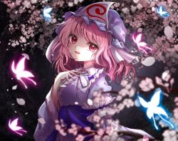 Rule 34 | 1girl, :d, black background, blue hat, blue kimono, blurry, blurry foreground, bug, butterfly, cherry blossoms, depth of field, hand on own chest, hat, insect, japanese clothes, kayon (touzoku), kimono, long sleeves, looking at viewer, mob cap, open mouth, pink eyes, pink hair, saigyouji yuyuko, short hair, smile, solo, touhou, triangular headpiece, wide sleeves