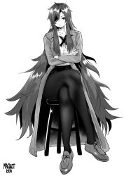 Rule 34 | 1girl, artist name, coat, commission, eyepatch, facing viewer, full body, greyscale, highres, hwa ryun, crossed legs, long hair, looking at viewer, monochrome, norman maggot, shoes, simple background, sitting, solo, stool, sweatdrop, tower of god, very long hair, white background