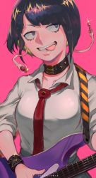 Rule 34 | 1girl, biting tongue, black hair, blue eyes, boku no hero academia, bracelet, breasts, choker, collar, female focus, guitar, highres, ibuo (ibukht1015), instrument, jewelry, jirou kyouka, looking to the side, medium breasts, music, necktie, pink background, playing instrument, school uniform, short hair, sleeves rolled up, small breasts, solo, spiked bracelet, spikes, tomboy, tongue, tongue out