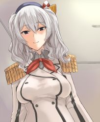 Rule 34 | 10s, 1girl, bad id, bad twitter id, blue eyes, breasts, epaulettes, from below, grey hair, hat, kantai collection, kashima (kancolle), kerchief, large breasts, looking at viewer, ogros, smile, solo, tsurime, twintails, wavy hair