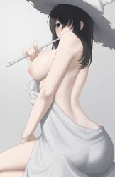 Rule 34 | 1girl, ass, back, bare shoulders, black hair, blue eyes, blush, breasts, clothes down, hair over one eye, hat, highres, kaminari doon, large breasts, looking at viewer, medium hair, mole, mole under eye, nipples, original, sideboob, solo, thighs, wand, white hat, witch, witch hat