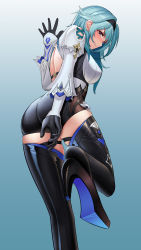 Rule 34 | 1girl, absurdres, ass, black footwear, black thighhighs, blue background, blue hair, blush, breasts, closed mouth, dark 0714, eula (genshin impact), foot up, from behind, frown, genshin impact, gloves, hair ornament, hairband, high heels, highres, long sleeves, looking at viewer, medium breasts, medium hair, parted lips, simple background, solo, standing, standing on one leg, thighhighs, thighs, white gloves