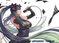 Rule 34 | 1girl, artist name, beamed quavers, blue hair, breasts, character name, cleavage, detached sleeves, elbow gloves, female focus, fingerless gloves, gloves, green eyes, gtunver, hatsune miku, highres, large breasts, lips, long hair, microphone, musical note, nail polish, sheet music, simple background, skirt, solo, tears, treble clef, twintails, very long hair, vocaloid