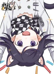 1boy animal_ear_fluff animal_ears blush buttons cat_boy cat_ears cat_tail checkered_clothes checkered_scarf commentary_request danganronpa_(series) danganronpa_v3:_killing_harmony fangs flipped_hair happy highres kitano_yukiusagi long_sleeves looking_at_viewer male_focus medium_hair multicolored_buttons oma_kokichi open_mouth purple_eyes purple_hair scarf shirt simple_background smile solo sparkle tail two-tone_scarf upper_body upside-down wide-eyed