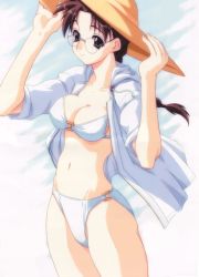 Rule 34 | 1girl, bikini, breasts, brown eyes, brown hair, cleavage, glasses, hat, hoshina tomoko, medium breasts, open clothes, open shirt, shirt, sleeves rolled up, solo, swimsuit, to heart, to heart (series), white bikini