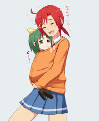 Rule 34 | 10s, 2girls, :d, ^ ^, aged down, blush, child, closed eyes, female focus, green eyes, green hair, happy, heart, highres, hino akane (smile precure!), hug, midorikawa nao, multiple girls, open mouth, orange shirt, ponytail, precure, red eyes, red hair, shirt, short hair, simple background, skirt, smile, smile precure!, spoken heart, standing, sweater, text focus, thumb sucking, translated, unpale