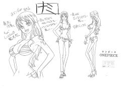 Rule 34 | 1girl, absurdres, bikini, bikini top only, breasts, character sheet, curvy, earrings, full body, highres, jewelry, large breasts, long hair, looking at viewer, monochrome, nami (one piece), navel, official art, one piece, scan, shoulder tattoo, simple background, swimsuit, tattoo, translation request, very long hair, wide hips