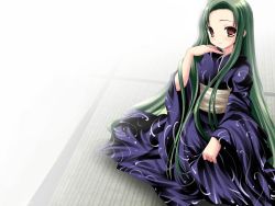 Rule 34 | 00s, green hair, japanese clothes, kimono, long hair, namamo nanase, solo, suzumiya haruhi no yuuutsu, tsuruya, very long hair, wallpaper