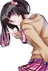 Rule 34 | 1girl, absurdres, black hair, blunt bangs, brown sweater, closed mouth, from behind, hair ribbon, highres, long hair, long sleeves, looking at viewer, looking back, miniskirt, multicolored hair, pink hair, pink skirt, plaid, plaid skirt, pleated skirt, red eyes, ribbon, senki zesshou symphogear, simple background, sketch, skirt, sleeves past wrists, smile, solo, sweater, tsukuyomi shirabe, twintails, two-tone hair, v, white background, yuunamida uyu
