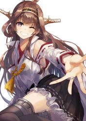 Rule 34 | 1girl, ;), ahoge, arm support, armpits, bare shoulders, blush, breasts, brown hair, commentary, detached sleeves, double bun, grin, hair bun, hairband, headgear, japanese clothes, jewelry, kantai collection, kongou (kancolle), kongou kai ni (kancolle), konkito, long hair, looking at viewer, medium breasts, nontraditional miko, one eye closed, petticoat, purple eyes, ring, simple background, sitting, skirt, smile, solo, thighhighs, wedding ring, white background, yokozuwari